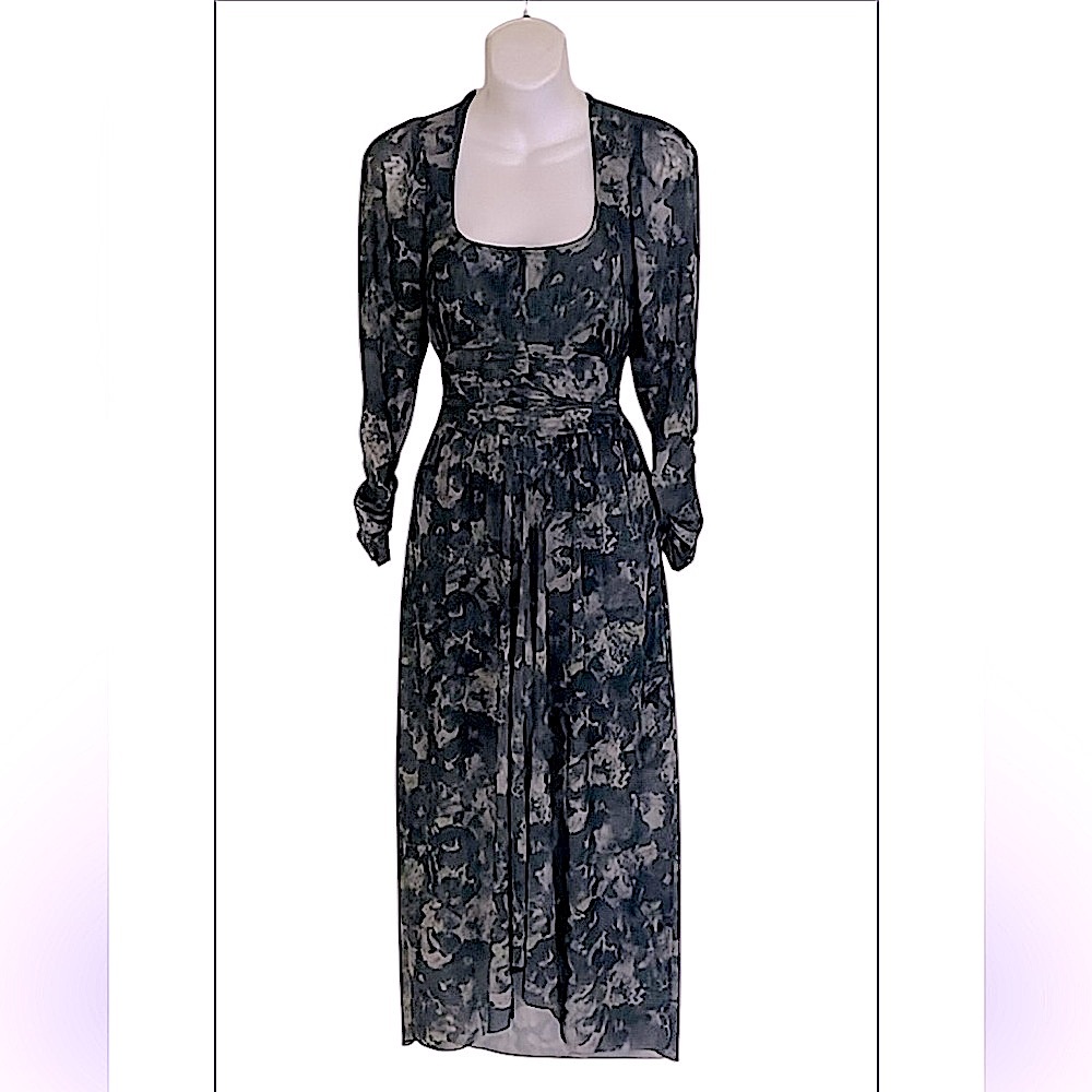 & Other Stories Sheer Mesh Elegant Khaki & Dark Green 3/4 Sleeve Midi Dress Sz 2